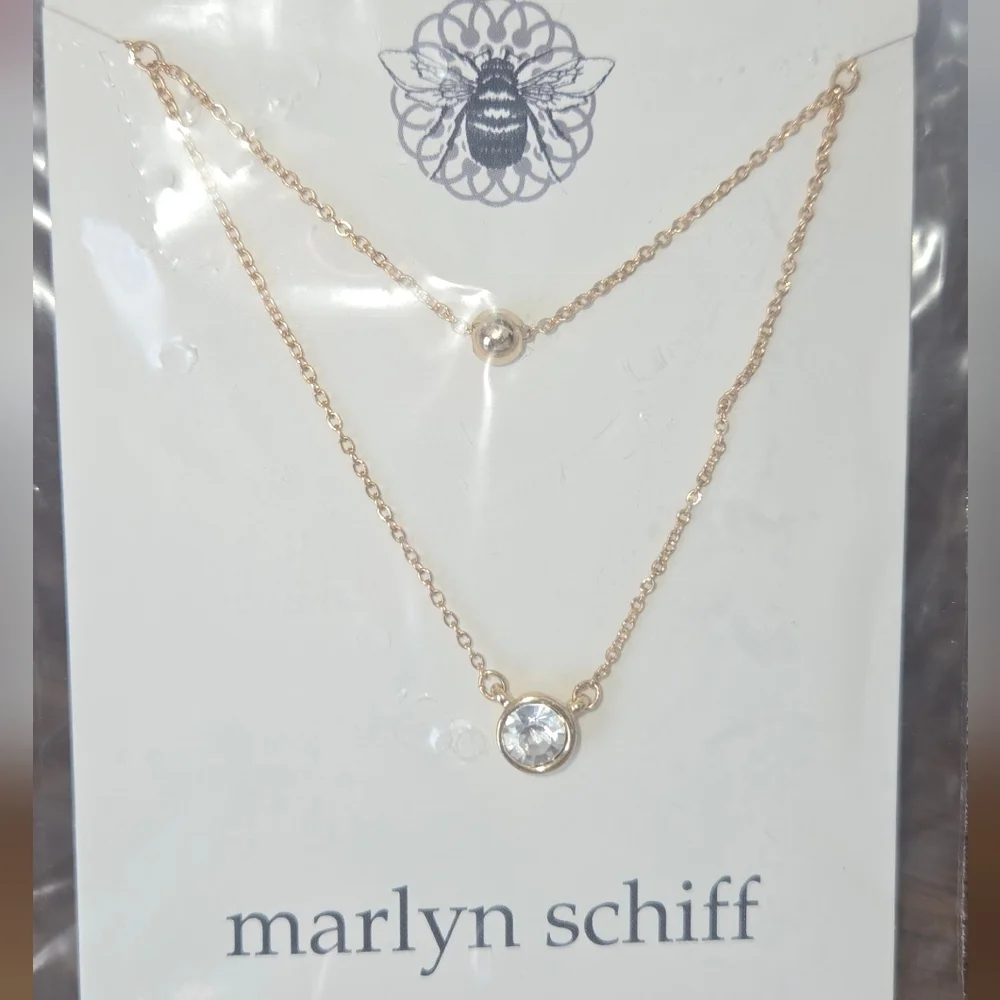 NWT Marlyn SchiffDouble Layered Gold Tone Necklace with Clear Crystal Gold Bead - Picture 3 of 10